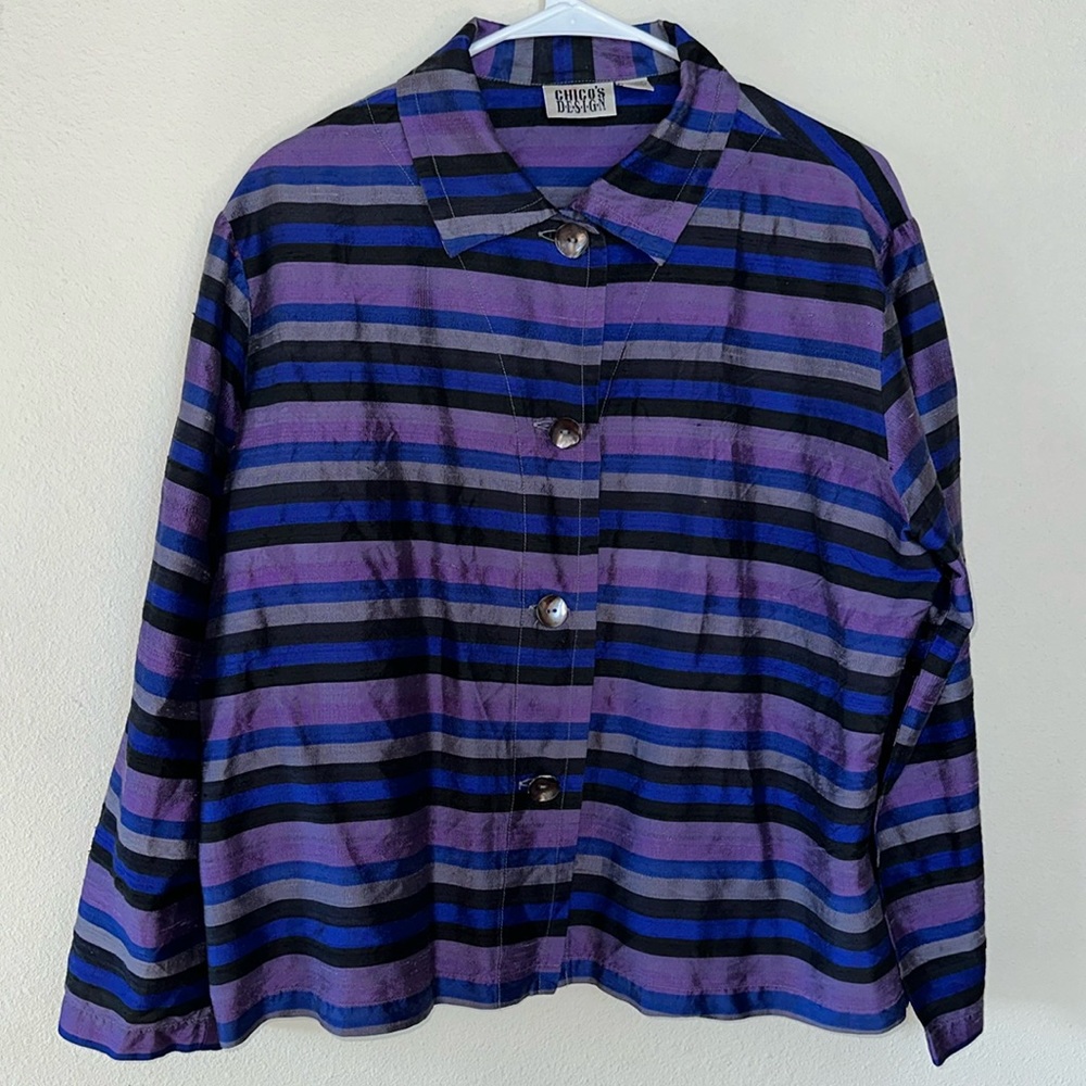 CHICO’S Raw Silk Blouse Purple Stripes Vintage, Boxy Size 2 = Lg